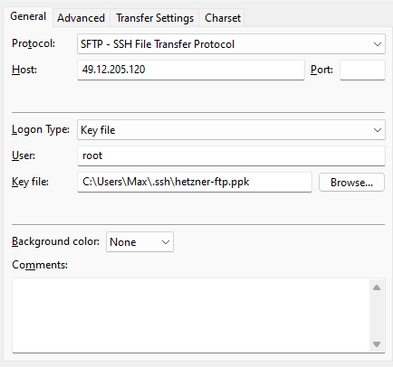 FileZilla connection to Hetzner